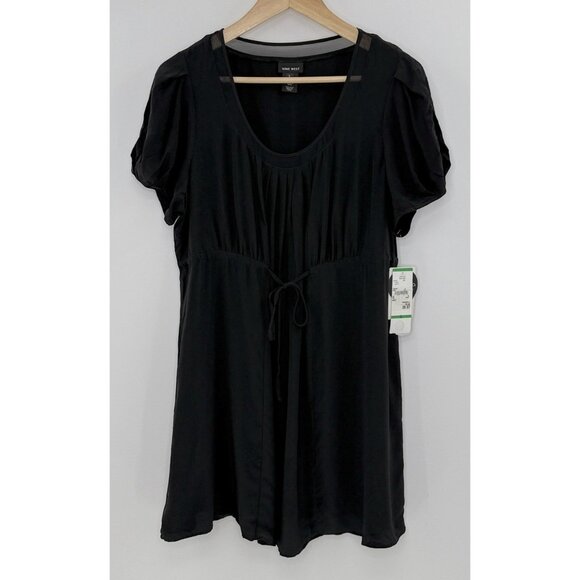 NWT Nine West Black 100% Silk Tunic Blouse Top Drawstring‎ Cinched Waist Sz L - Picture 1 of 10